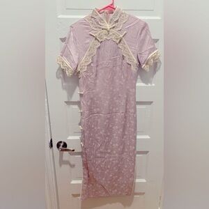 Elegant Purple Qipao Dress with Lace Trim